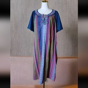 Go Softly Patio Dress Denim Muu Muu Embroidered Hummingbird Floral Denim 2X